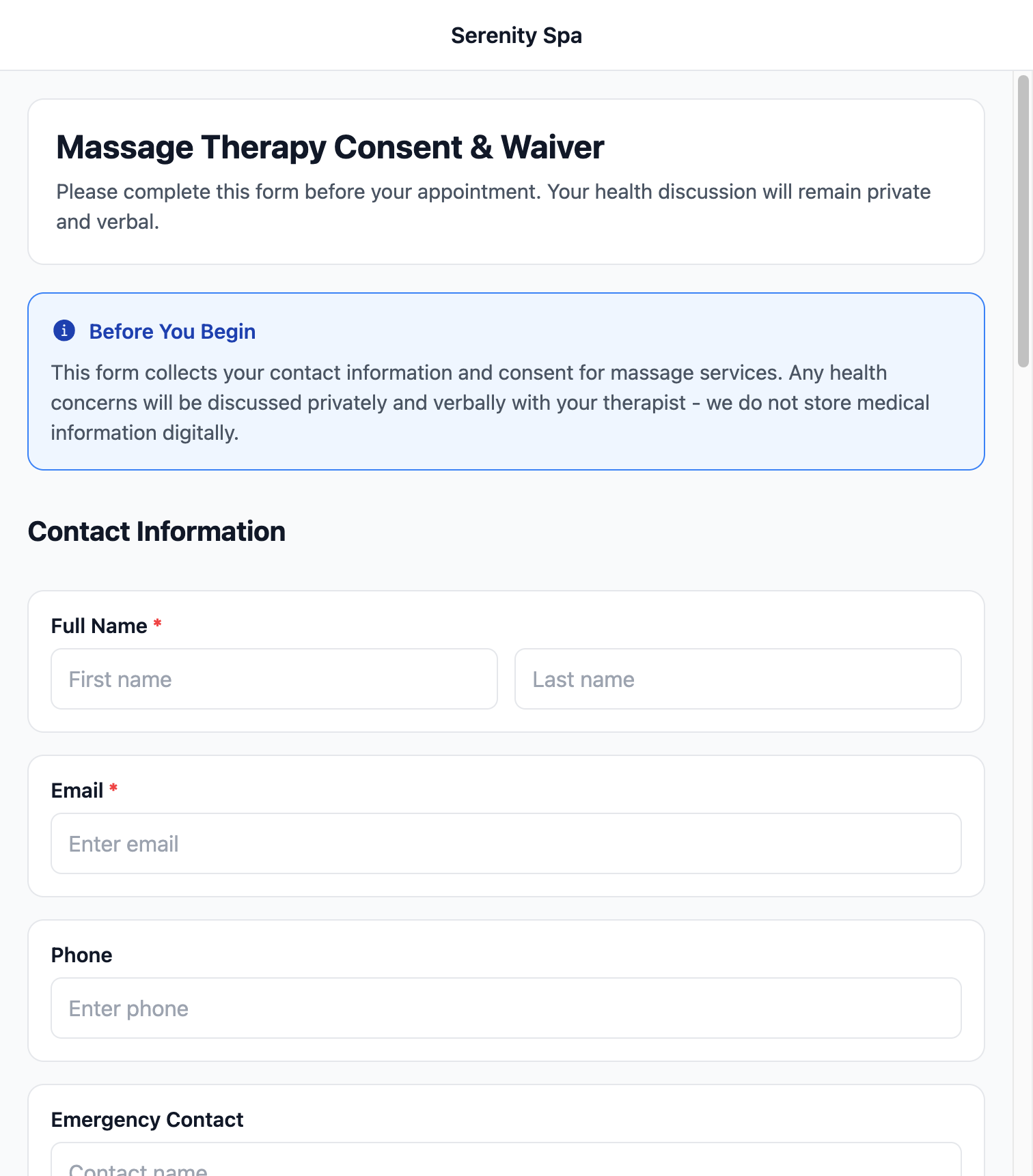 Waiver World digital consent form — massage therapy waiver with contact fields and signature capture